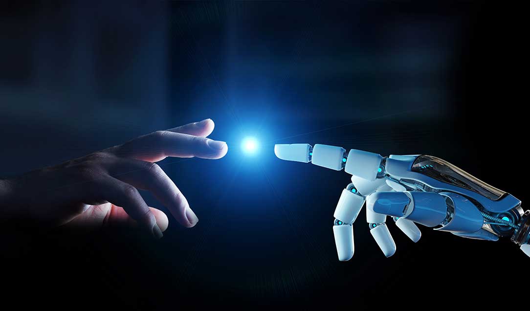 Robot hand and human hand approach each other 