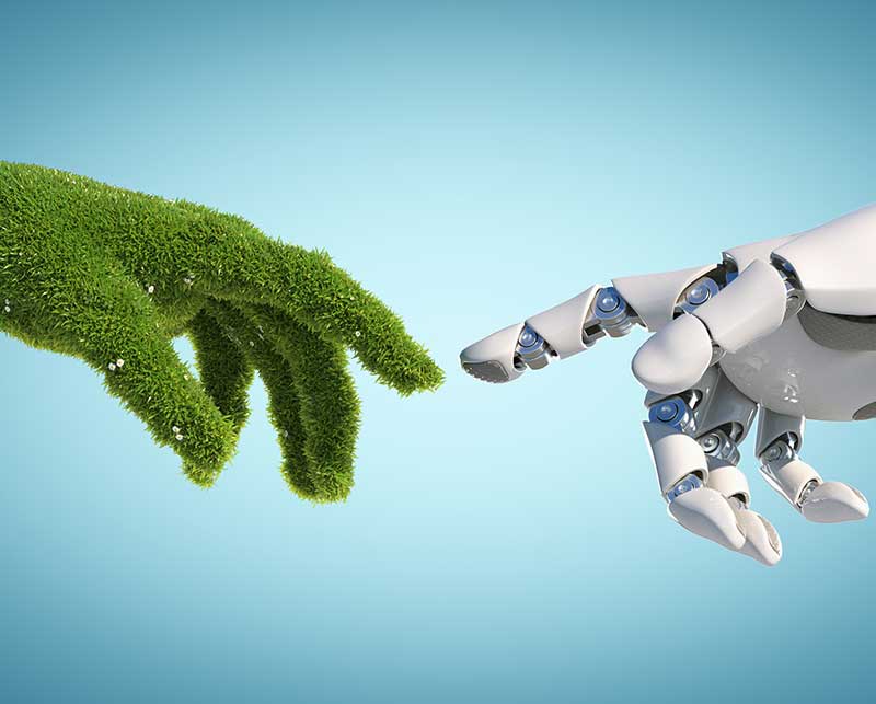 Robotic and green hand out of plants are getting together.