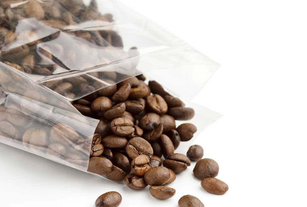 Coffee beans packaged in plastic.